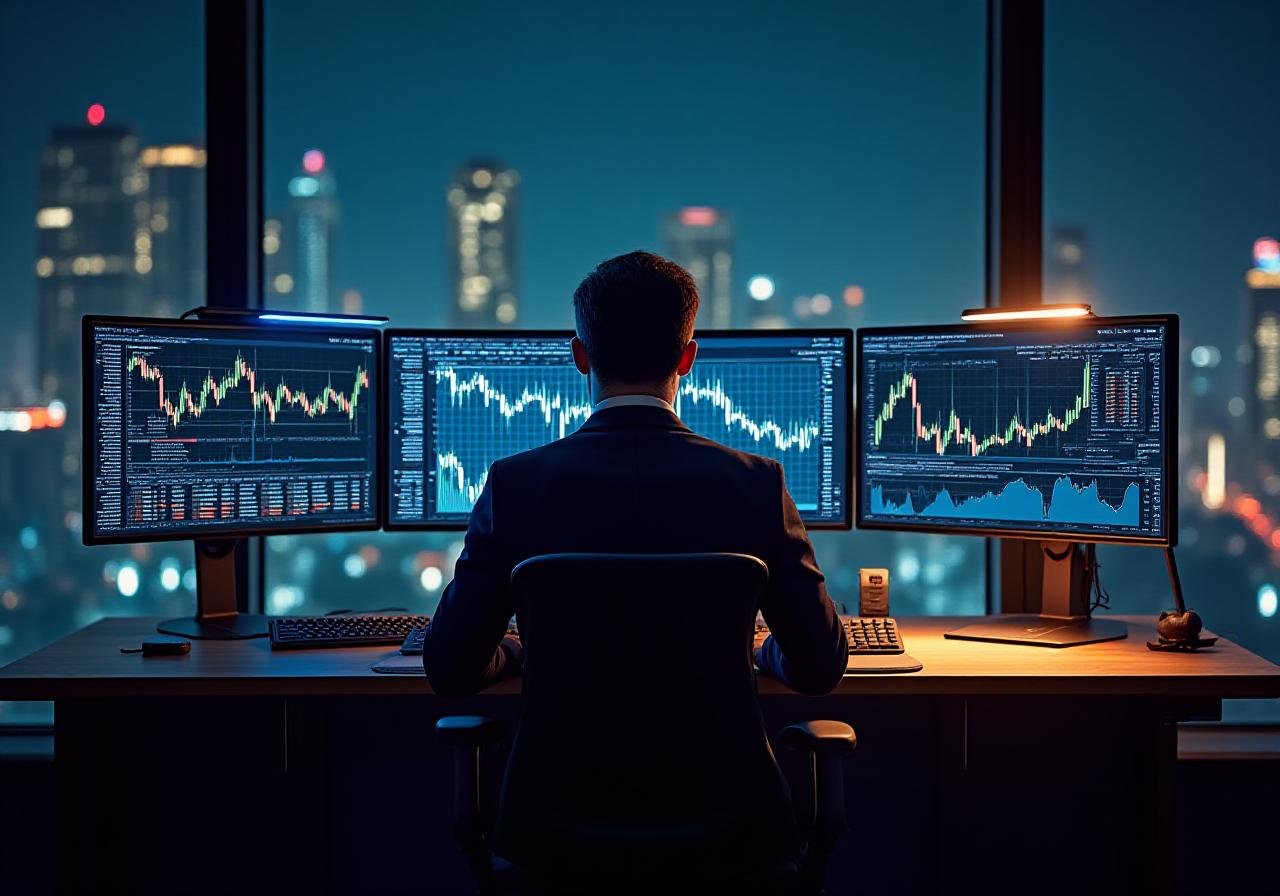 Professional financial analyst reviewing market data on multiple screens
