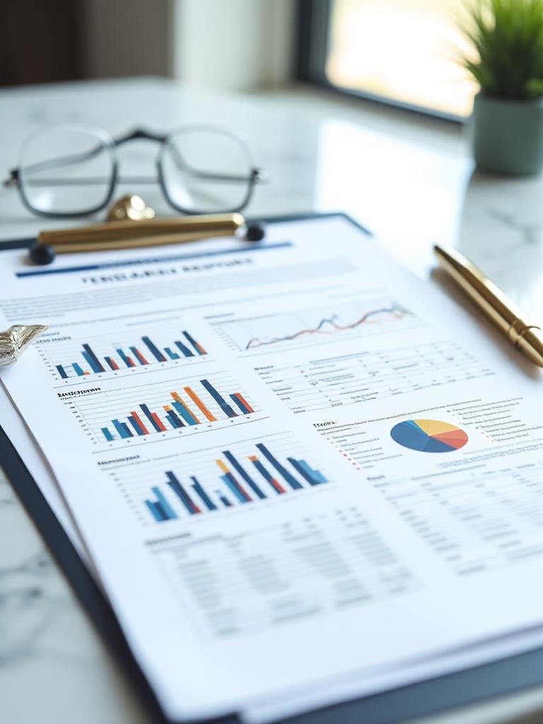 Blurred financial report showing charts and data tables